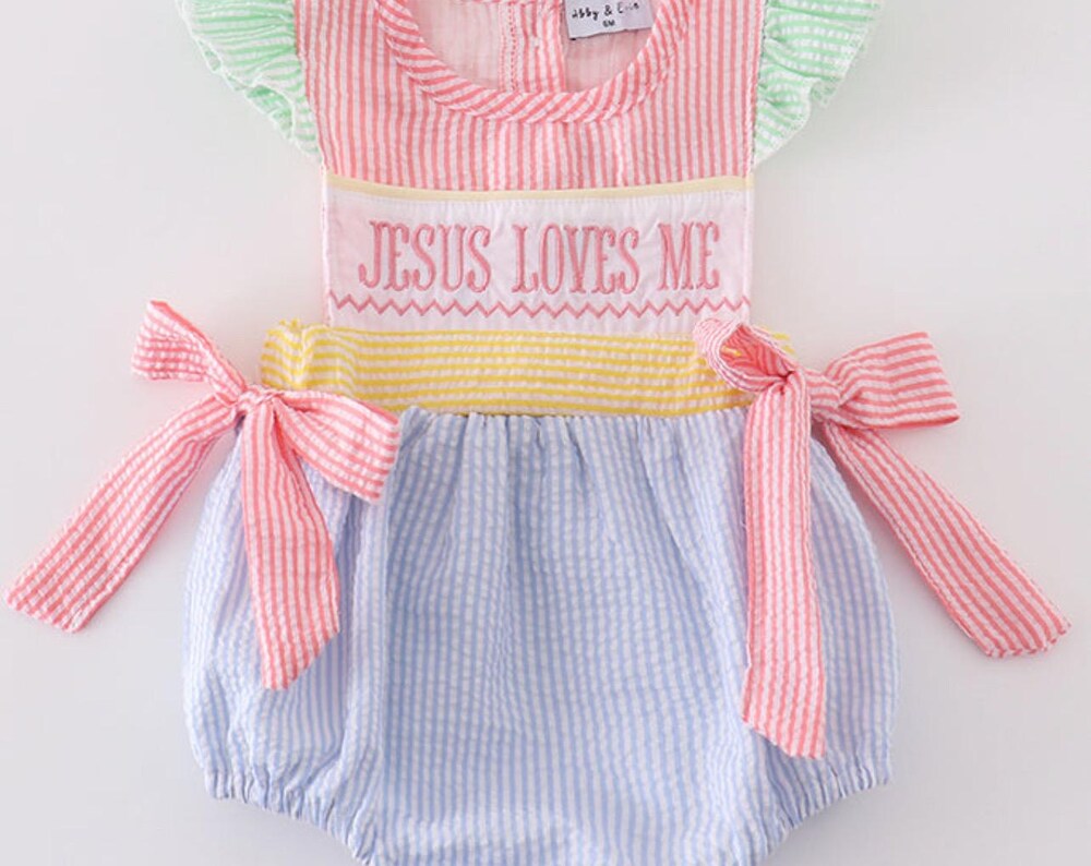 Jesus Loves Me Seersucker Embroidered Bubble Outfit