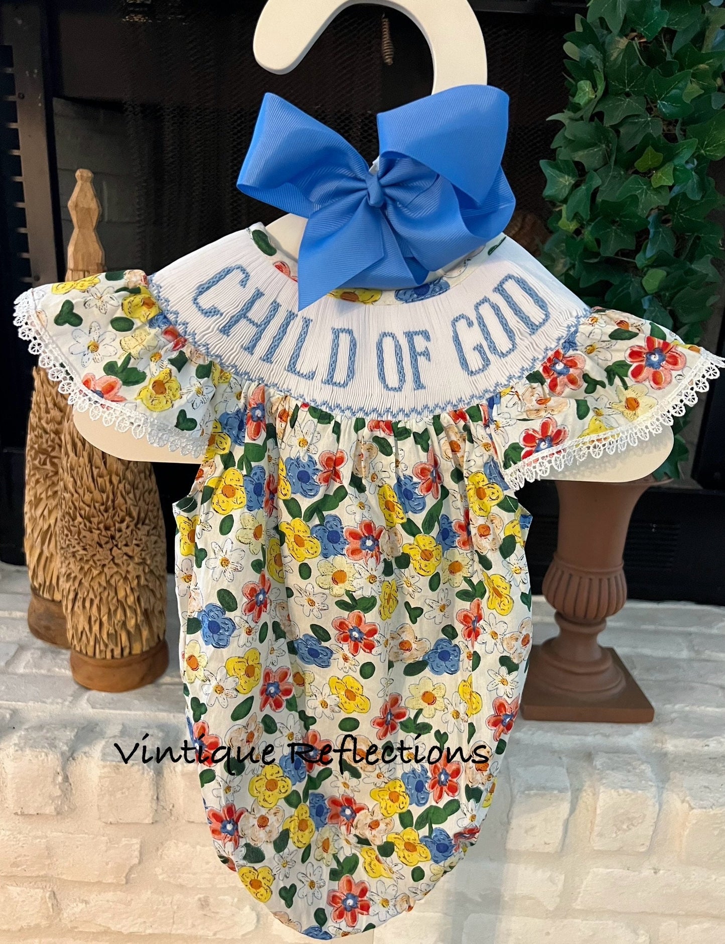 Custom Hand Smocked Child of God Bubble Floral Outfit sizes 6 mo thru 3T