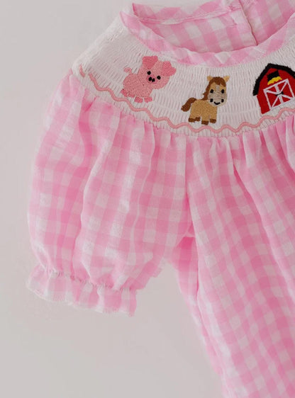 Classic Pink Gingham Girl’s Down on the Farm Bubble Outfit