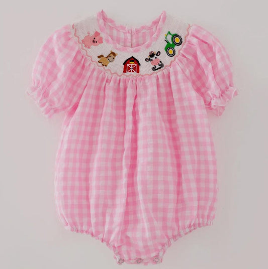 Classic Pink Gingham Girl’s Down on the Farm Bubble Outfit